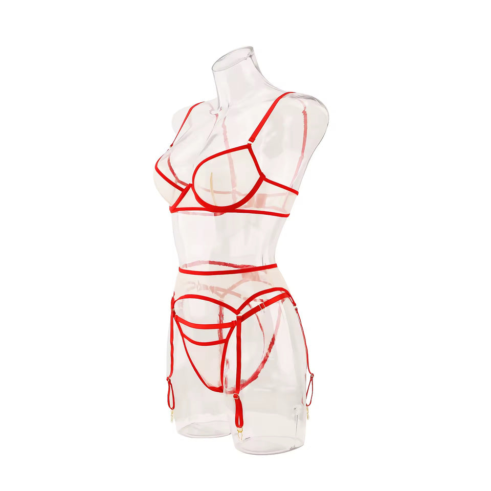 Lingerie Red Desire Transparente – Com Cinta-Liga e Luvas