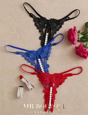 Calcinha Fio Dental com Pérolas - Kit Sensual em Renda Preta, Azul e Vermelha | Lingerie Erótica Luxuosa