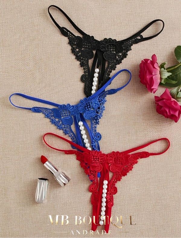 Calcinha Fio Dental com Pérolas - Kit Sensual em Renda Preta, Azul e Vermelha | Lingerie Erótica Luxuosa