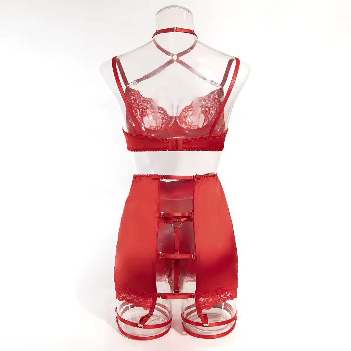 Lingerie Red Seduction – Com Saia de Cetim, Ligas e Fio Dental Regulável