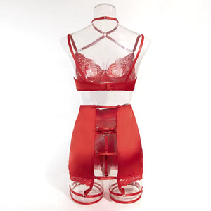 Lingerie Red Seduction – Com Saia de Cetim, Ligas e Fio Dental Regulável