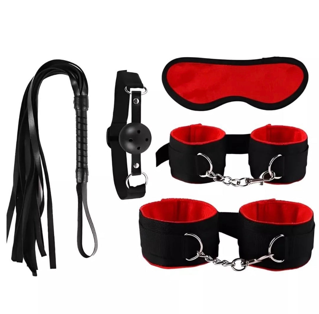 Kit Bondage com 5 Itens – Algemas, Venda, Mordaça, Chicote e Trava em vermelho, preto e roxo