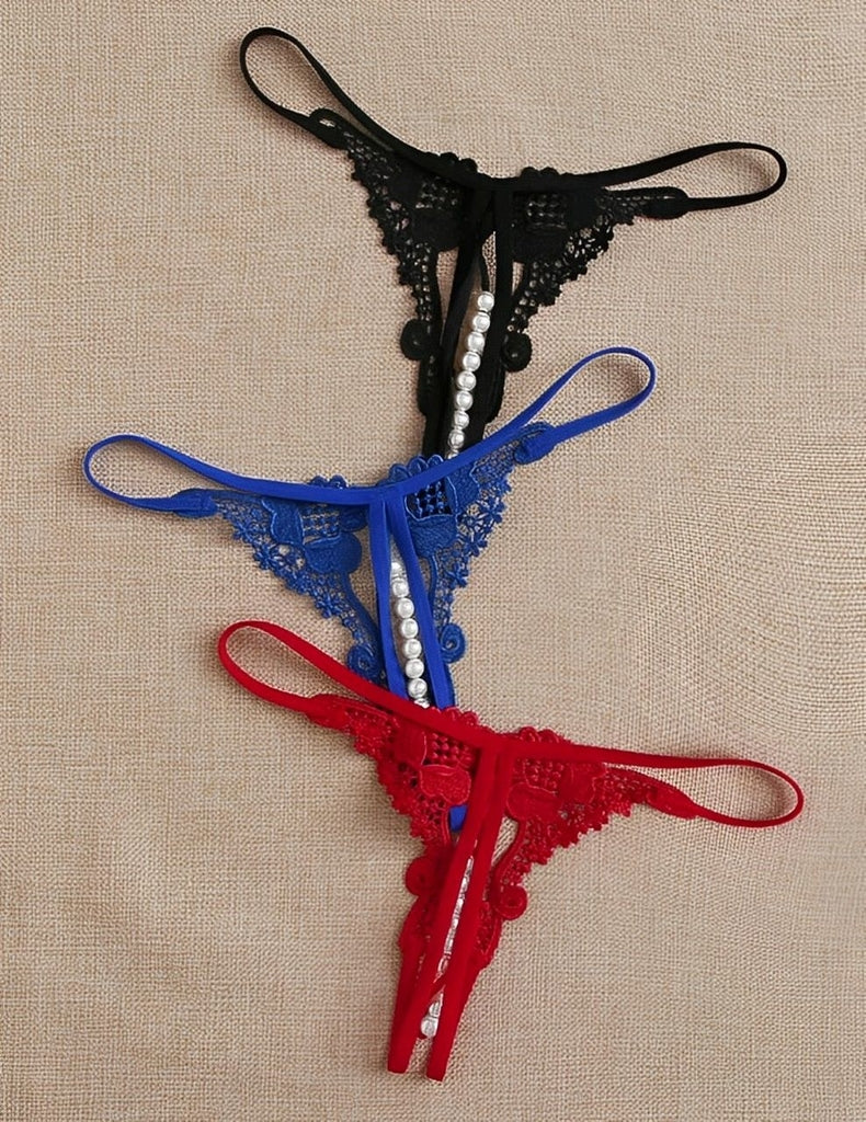 Calcinha Fio Dental com Pérolas - Kit Sensual em Renda Preta, Azul e Vermelha | Lingerie Erótica Luxuosa