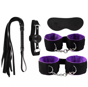 Kit Bondage com 5 Itens – Algemas, Venda, Mordaça, Chicote e Trava em vermelho, preto e roxo