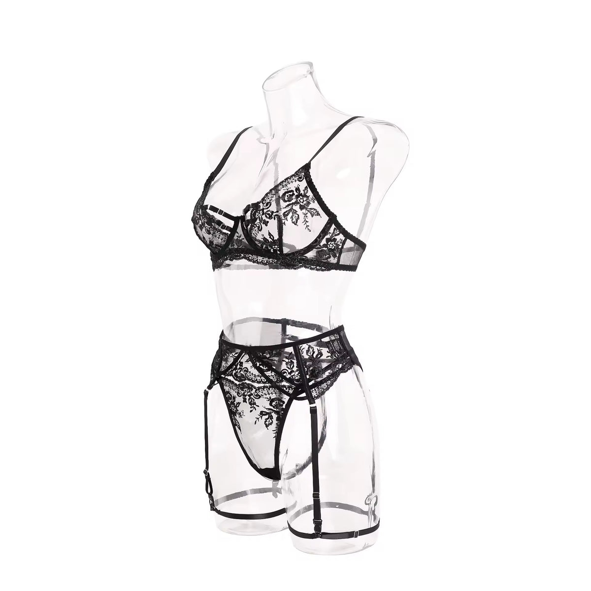 Lingerie Black Secret – Renda Floral com Strappy e Cinta-Liga