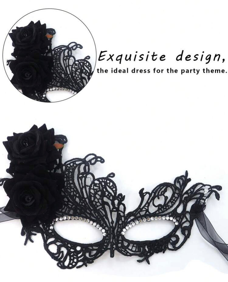 Máscara Borboleta Black Luxo com Cristais e Rosas Laterais