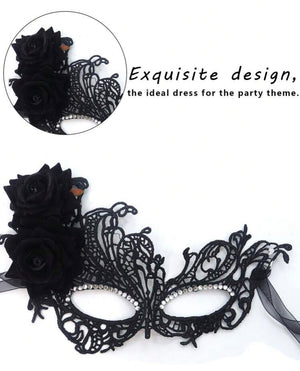 Máscara Borboleta Black Luxo com Cristais e Rosas Laterais