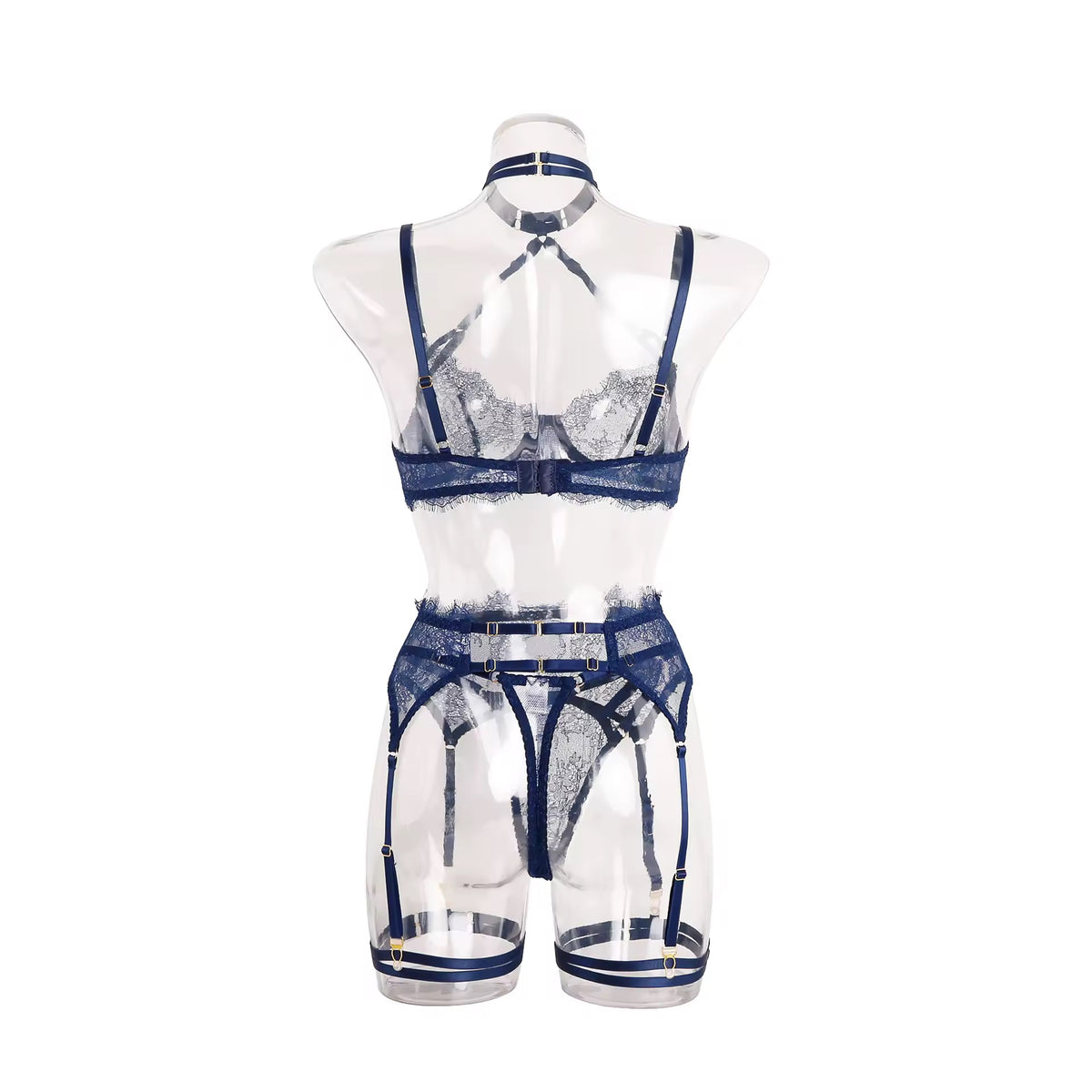 Lingerie Midnight Lace – Renda Preta com Harness e Cinta-Liga | Com Aro, Sem Bojo