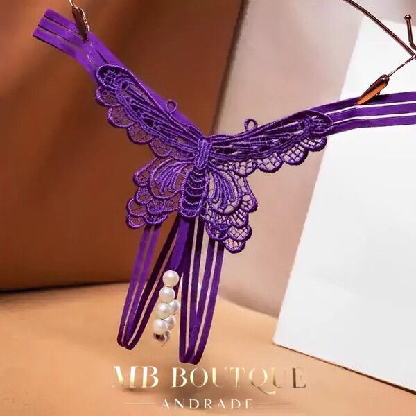 Calcinha fio dental com bordado em Borboleta e detalhes em pérolas