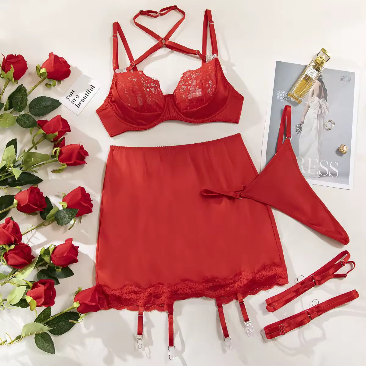 Lingerie Red Seduction – Com Saia de Cetim, Ligas e Fio Dental Regulável