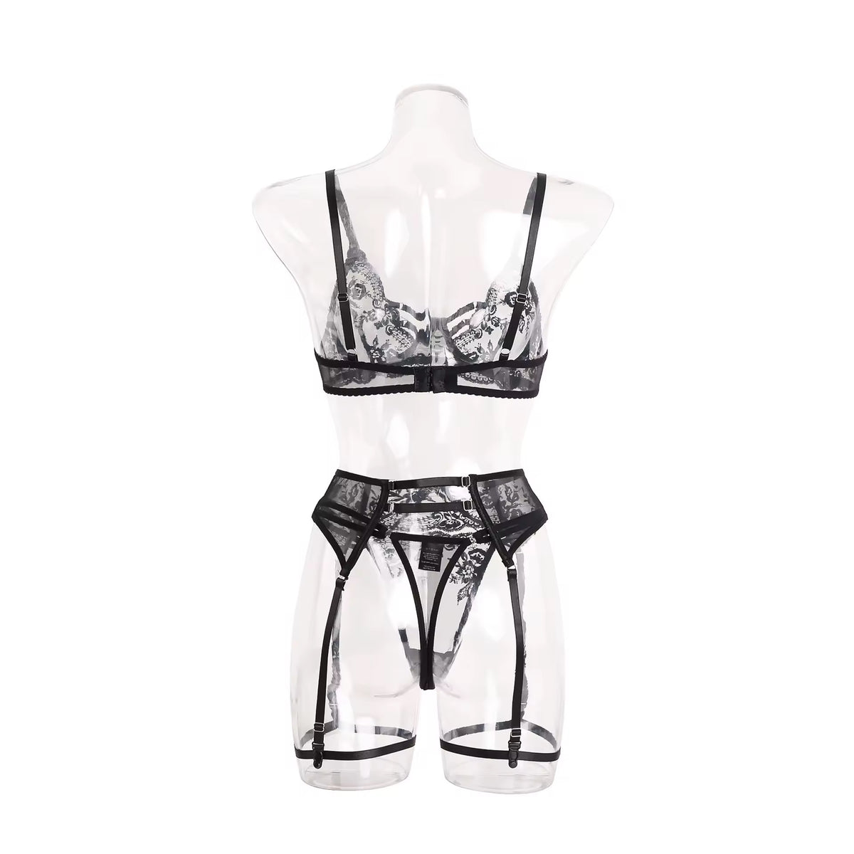 Lingerie Black Secret – Renda Floral com Strappy e Cinta-Liga