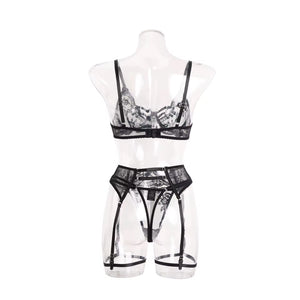 Lingerie Black Secret – Renda Floral com Strappy e Cinta-Liga