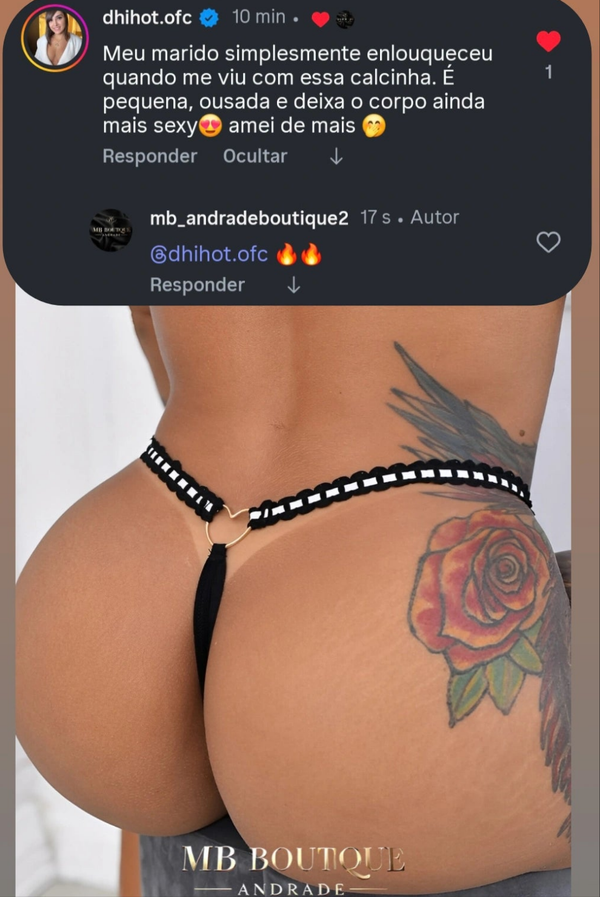 Calcinha Fio Dental Preta com Coração Dourado e Laterais em Fita – Lingerie Minimalista e Irresistível - Preto, Vermelho, Branco, P ao GG