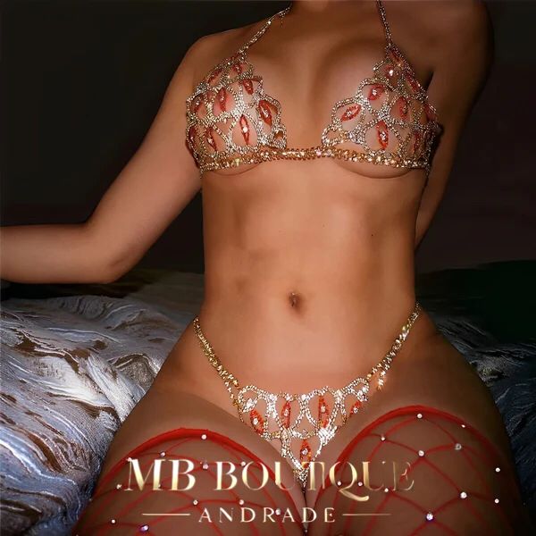 Conjunto Lingerie em Strass Prata e Dourado sem Bojo - Coleção