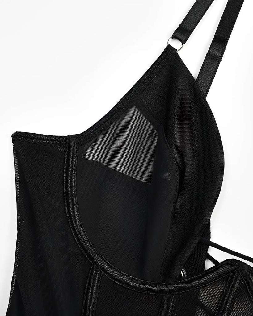 Lingerie Corset Preto Sexy em Tule Transparente com Gargantilha e Calcinha Regulável
