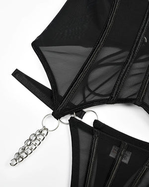 Lingerie Corset Preto Sexy em Tule Transparente com Gargantilha e Calcinha Regulável