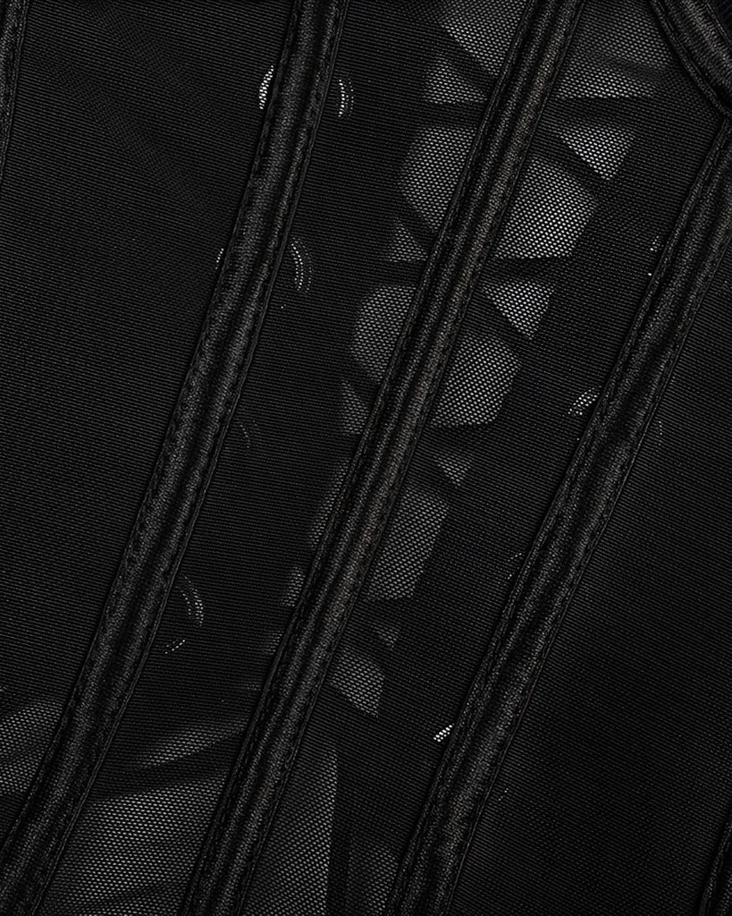 Lingerie Corset Preto Sexy em Tule Transparente com Gargantilha e Calcinha Regulável