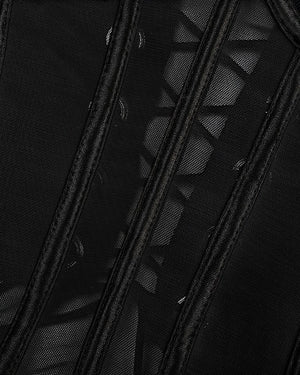 Lingerie Corset Preto Sexy em Tule Transparente com Gargantilha e Calcinha Regulável
