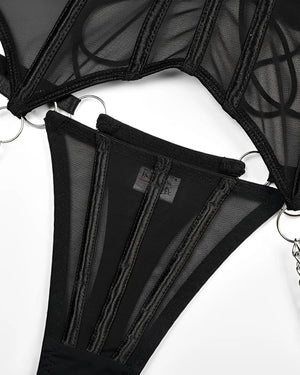 Lingerie Corset Preto Sexy em Tule Transparente com Gargantilha e Calcinha Regulável