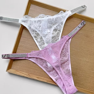 Calcinha Fio Dental de Renda com Strass Brilhante