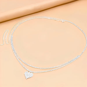 Cinto de Strass Prata - Duplo com Pingente de Coração - Ajustável e Sofisticado