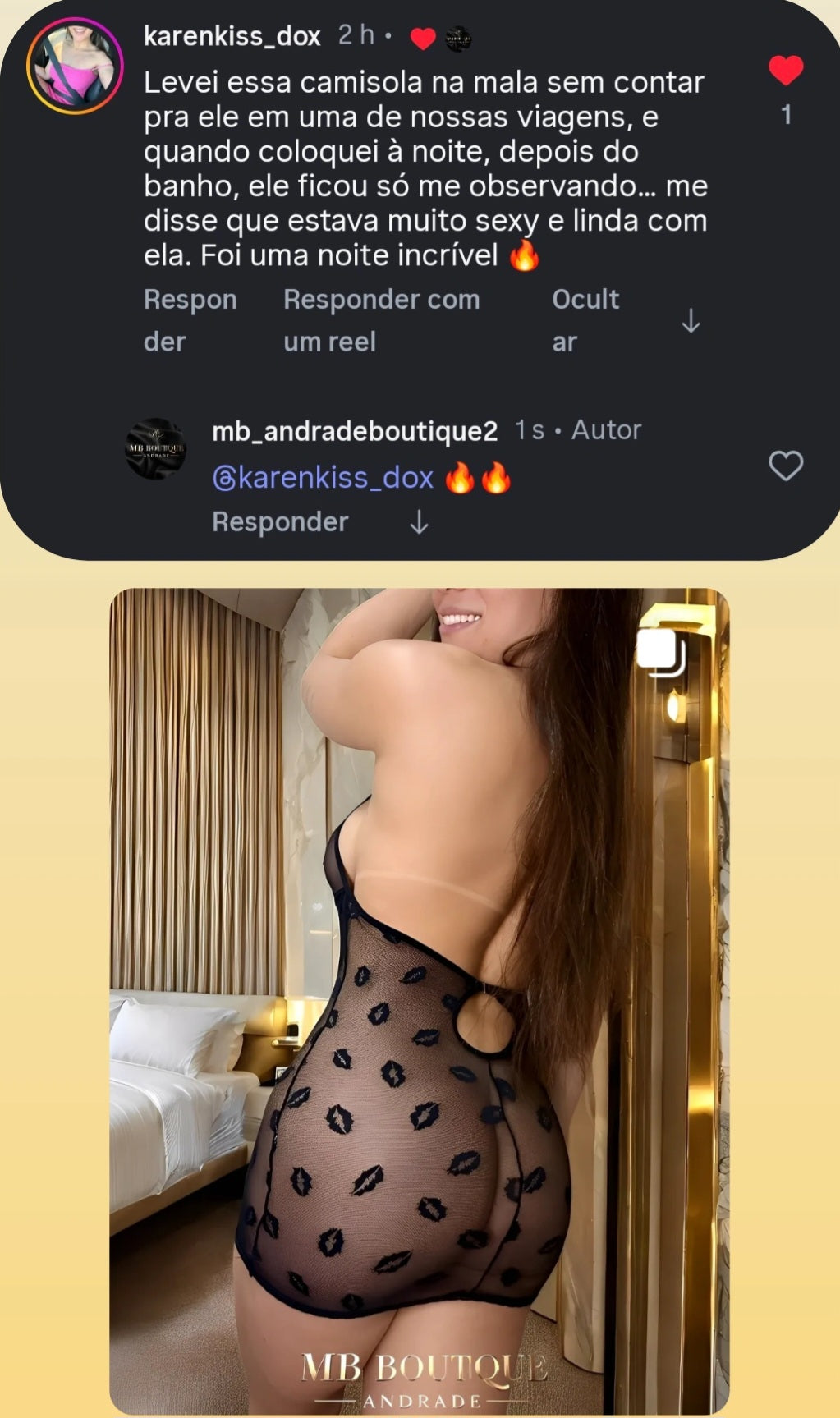 Foto e avaliação de cliente sobre camisola preta de tule estampado