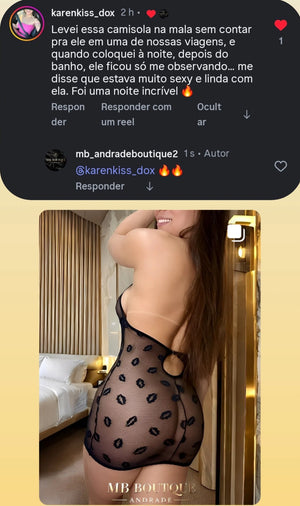 Foto e avaliação de cliente sobre camisola preta de tule estampado