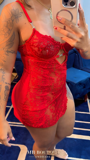 Camisola Sensual Preta, Vermelho com Fenda, Renda Floral e Aro