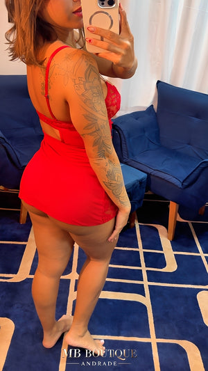 Camisola Sensual Preta, Vermelho com Fenda, Renda Floral e Aro