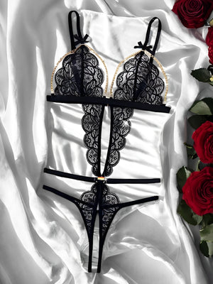 Body Aurora Noir - em Renda com Corrente Dourada