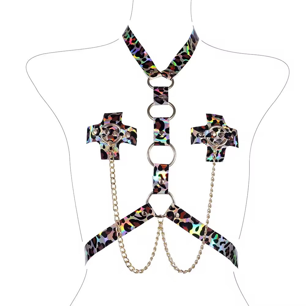 Tapa-Seios Animal Print com Harness e Correntes - Selvagem e Imparável