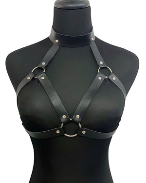 Harness de Couro Preto com Argolas Metálicas - Lingerie Fetichista e Sensual