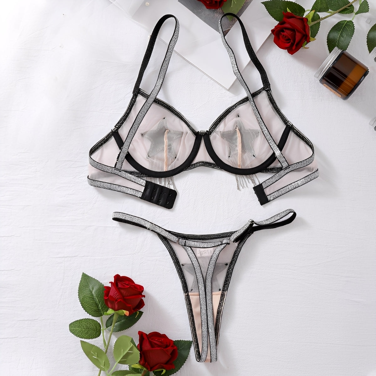 Conjunto de Lingerie Sexy Transparente com Estrela em Strass e Franjas