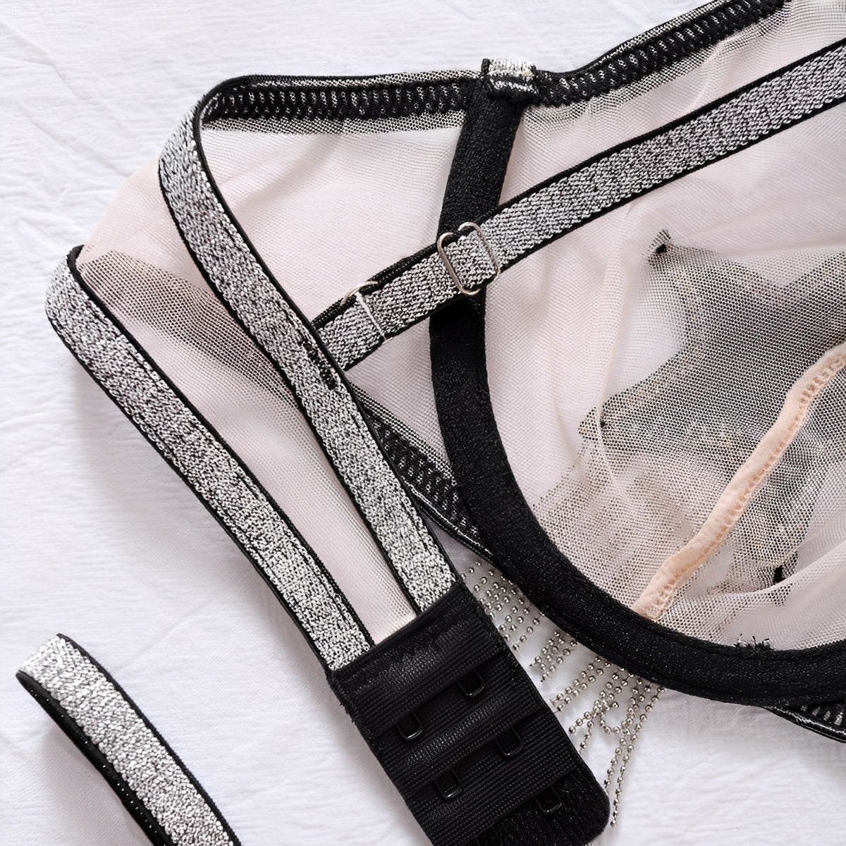 Conjunto de Lingerie Sexy Transparente com Estrela em Strass e Franjas