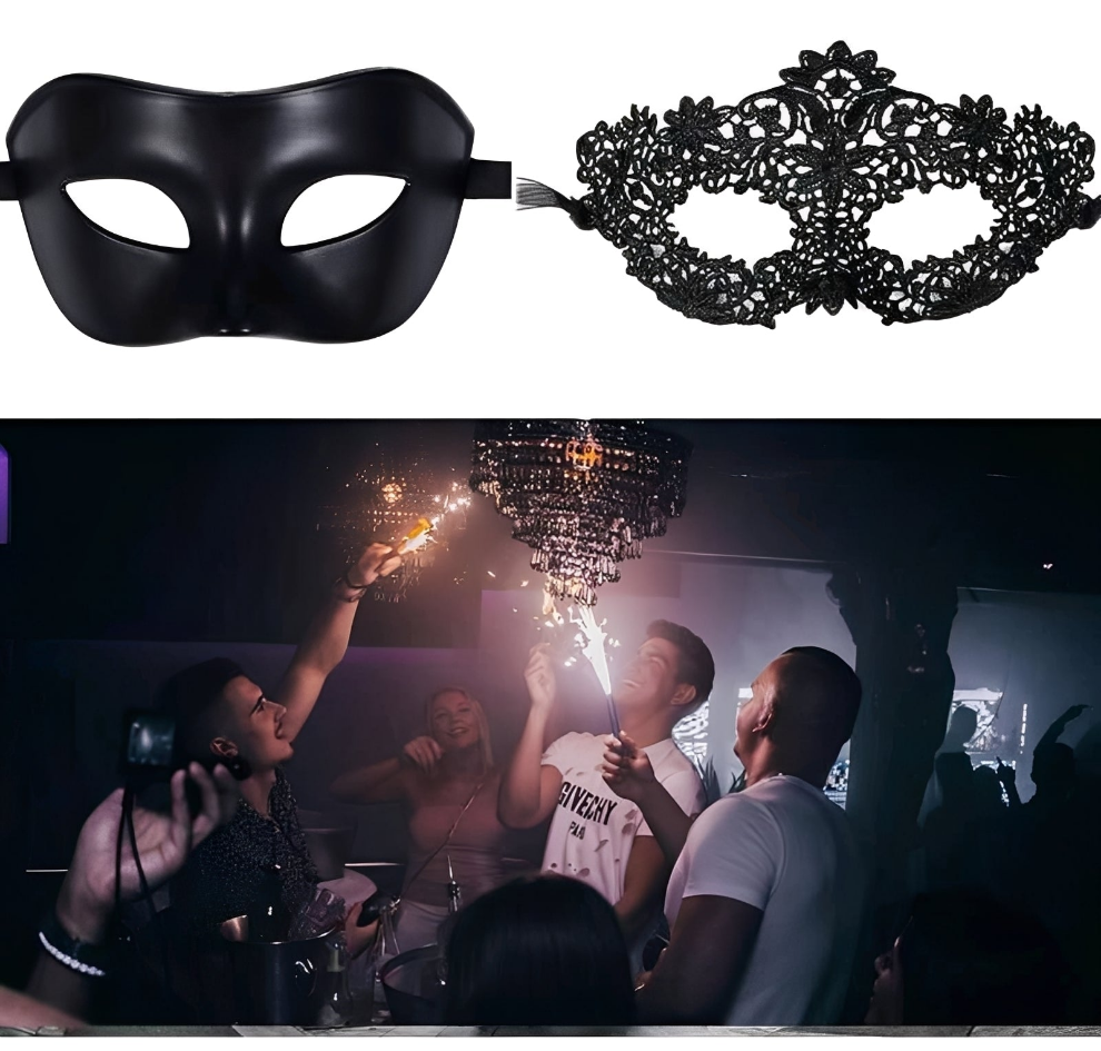 Kit 2 Máscaras Venezianas Pretas para Casal - Baile de Máscaras, Fantasia Elegante e Sedutora