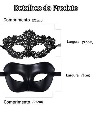 Kit 2 Máscaras Venezianas Pretas para Casal - Baile de Máscaras, Fantasia Elegante e Sedutora