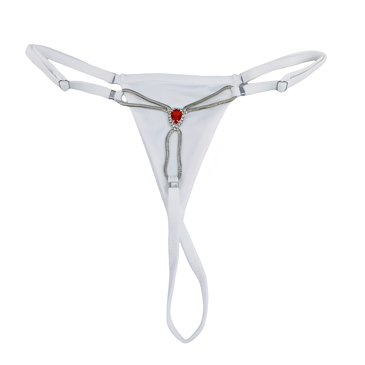 Calcinha Fio Dental Luxo com Pedra Vermelha em Strass e Corrente Metálica
