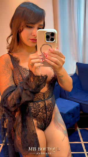 Body de Renda com Robe Feminino e Cinto de Cetim - P ao GG