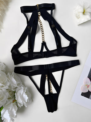 Conjunto de Lingerie Sensual Preto com Aro e Correntes Douradas