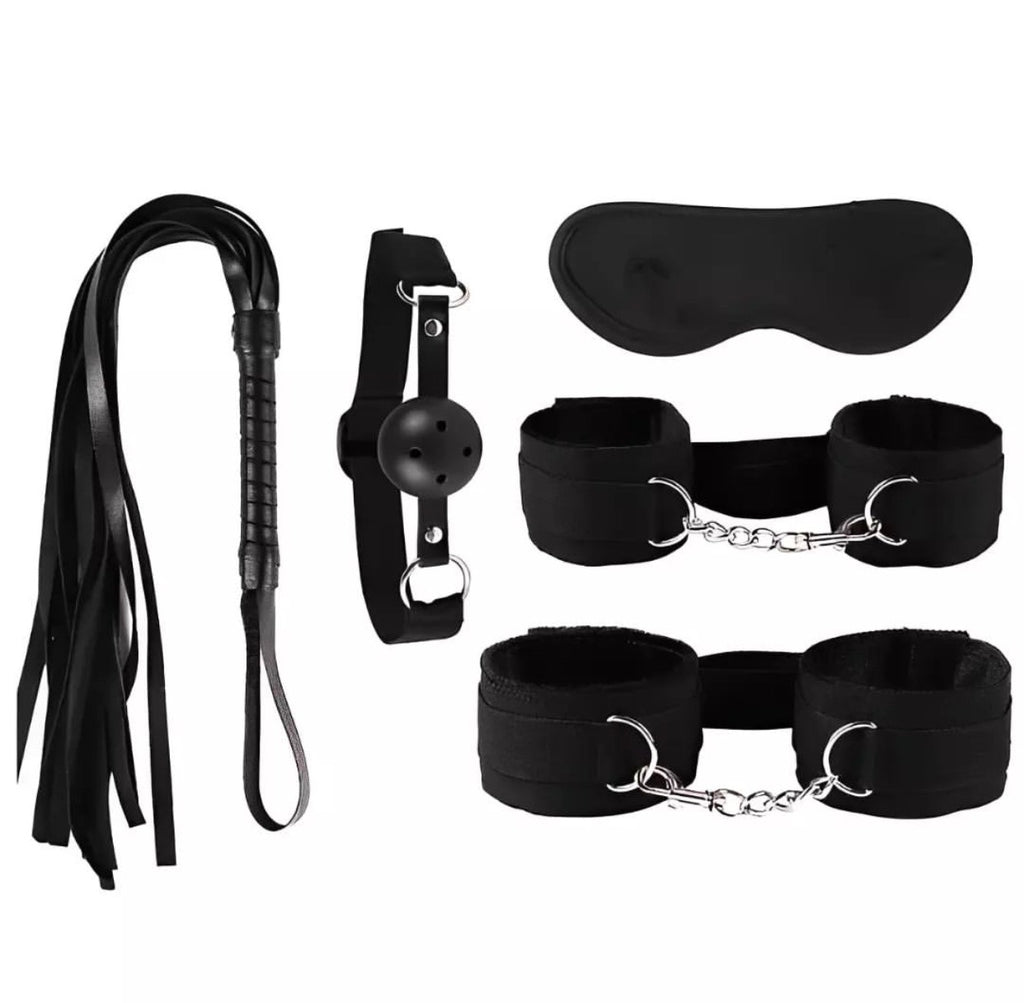 Kit Bondage com 5 Itens – Algemas, Venda, Mordaça, Chicote e Trava em vermelho, preto e roxo