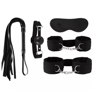 Kit Bondage com 5 Itens – Algemas, Venda, Mordaça, Chicote e Trava em vermelho, preto e roxo
