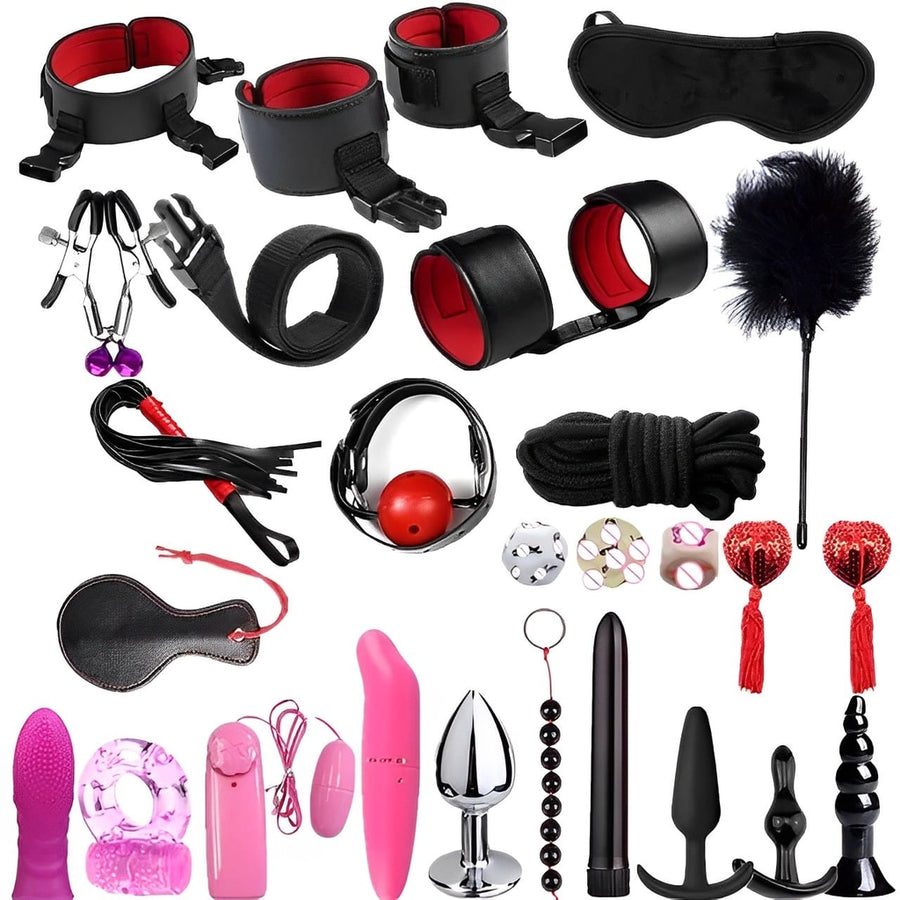 Kit BDSM Preto - Completo com 26 Itens para Casais – Algemas, Vibradores, Plugs e Acessórios Eróticos