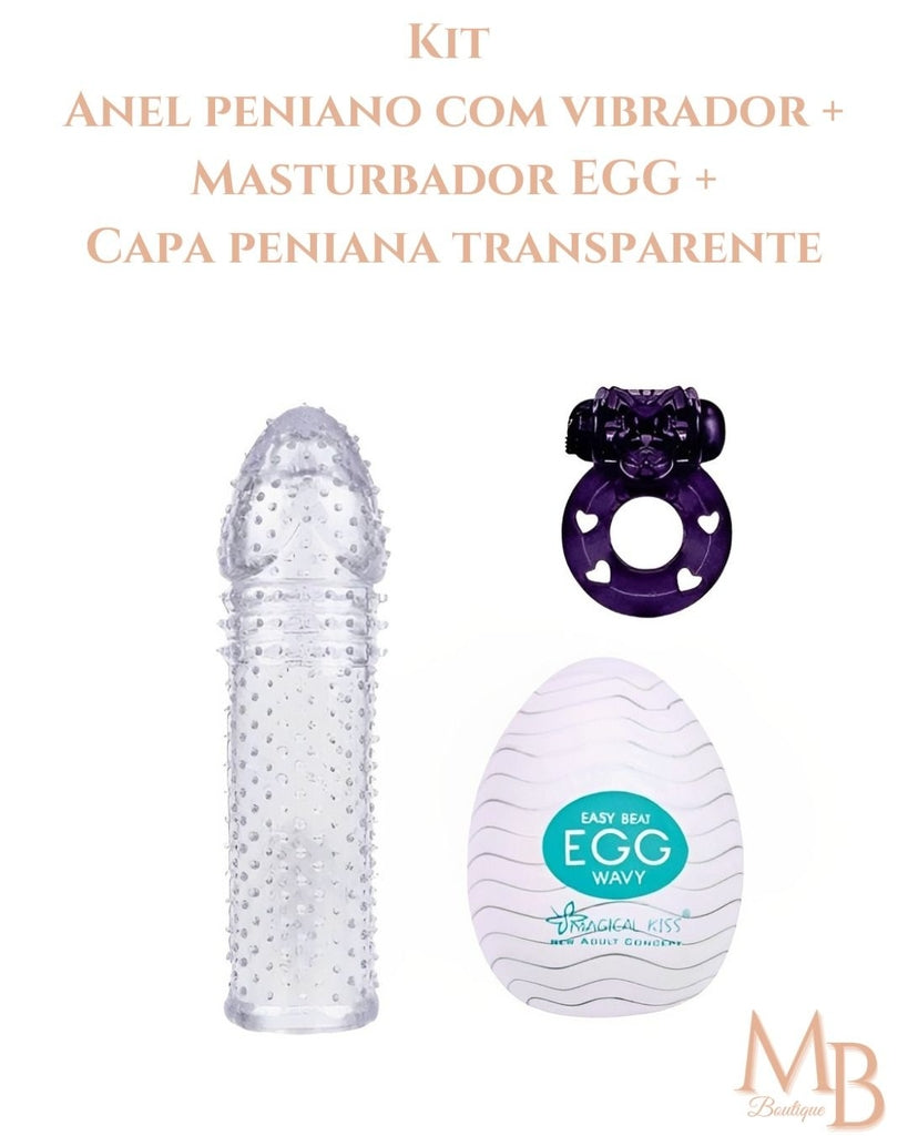 kit - Anel para membro com vibrador + EGG + Capa  transparente