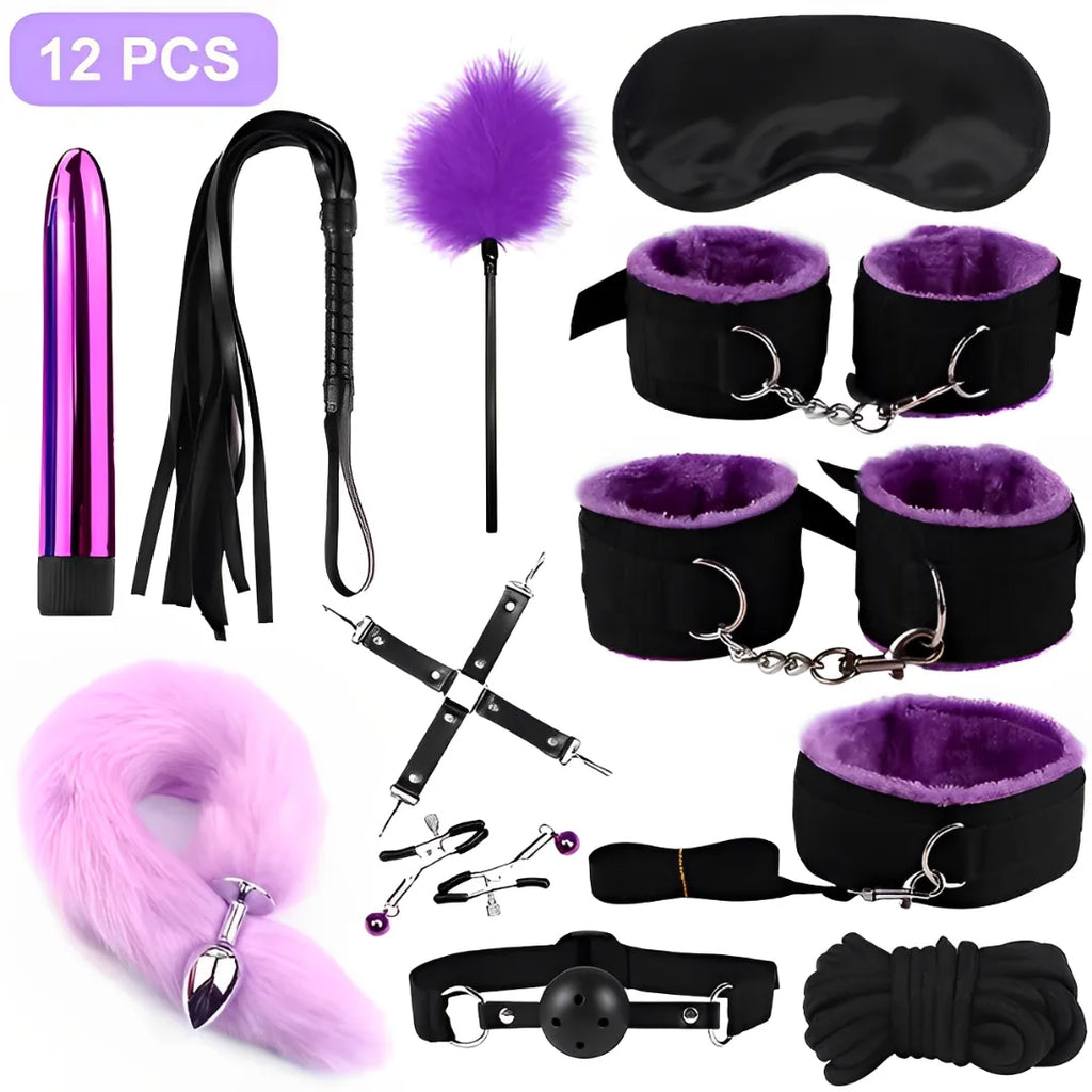Kit BDSM 12 Peças com Plug de Cauda, Vibrador, Algemas e Venda – Estimule Fantasias e Surpreenda