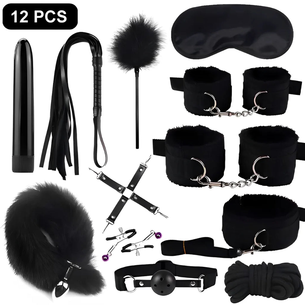 Kit BDSM 12 Peças com Plug de Cauda, Vibrador, Algemas e Venda – Estimule Fantasias e Surpreenda