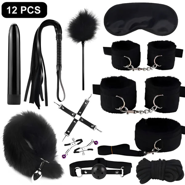 Kit BDSM 12 Peças com Plug de Cauda, Vibrador, Algemas e Venda – Estimule Fantasias e Surpreenda