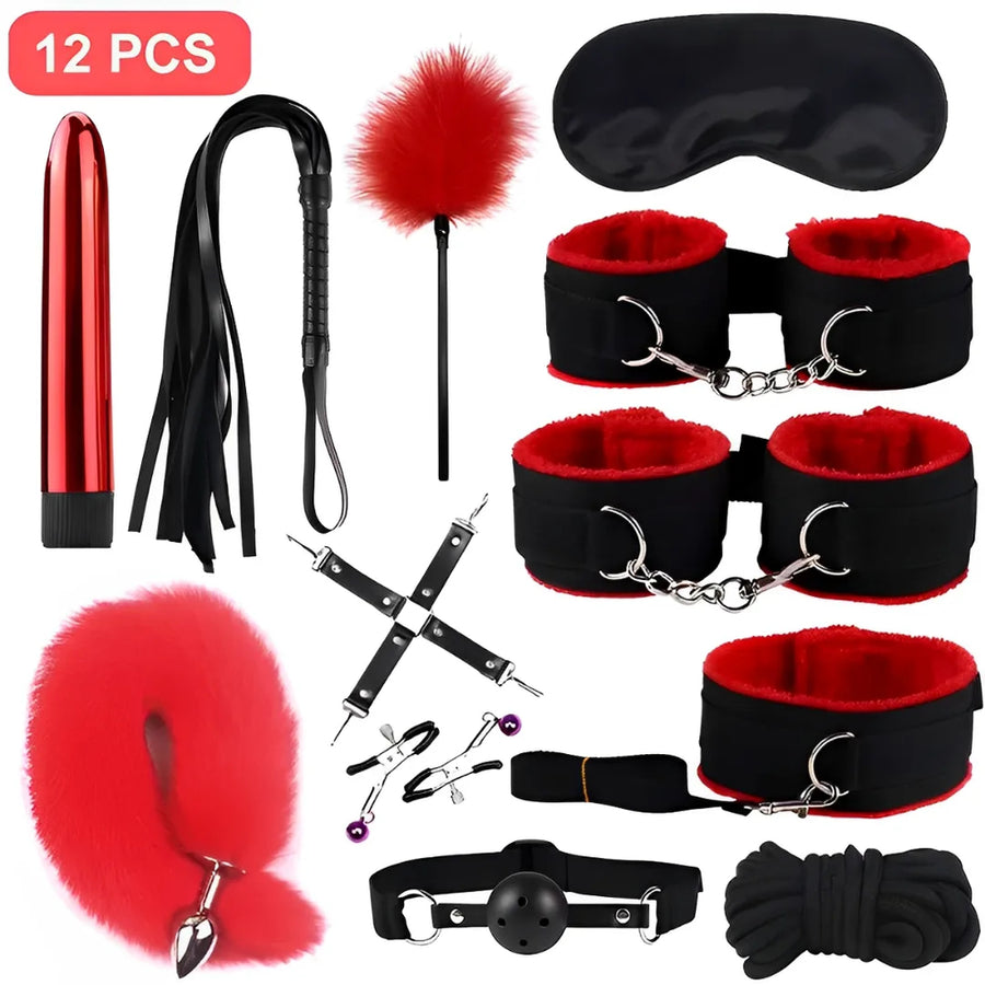 Kit BDSM 12 Peças com Plug de Cauda, Vibrador, Algemas e Venda – Estimule Fantasias e Surpreenda