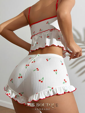 Babydoll Branco de Cerejas com Babados