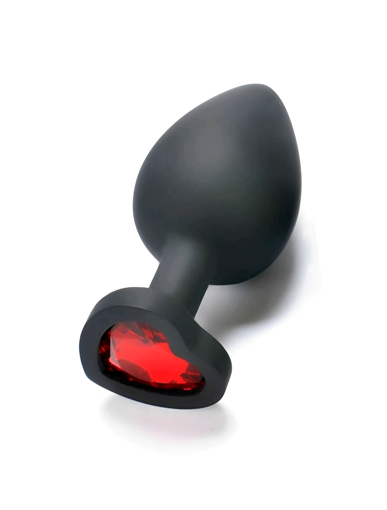 Plug Anal Preto de Silicone com Joia Vermelha em Formato de Coração – Tamanho Único
