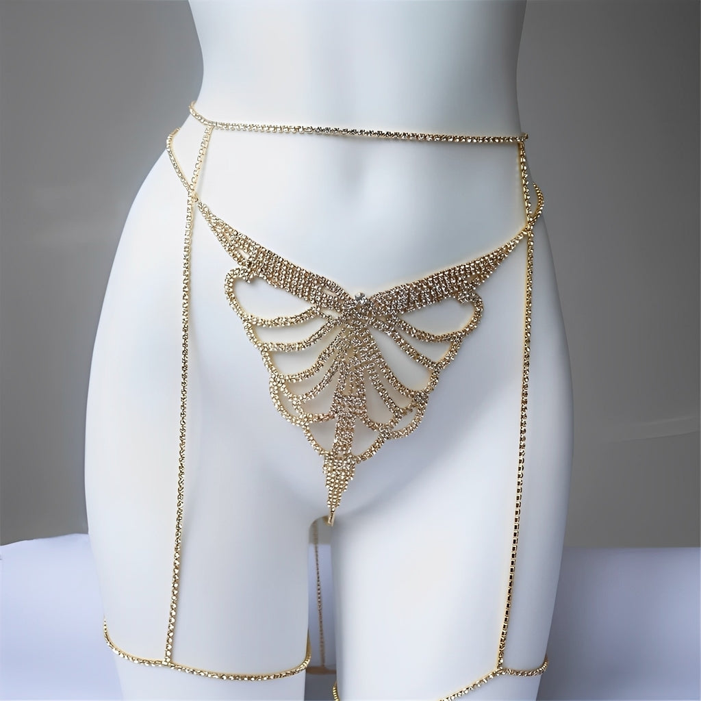 Calcinha Borboleta com Strass e Cinta-Liga – Coleção Gold | Lingerie Luxuosa